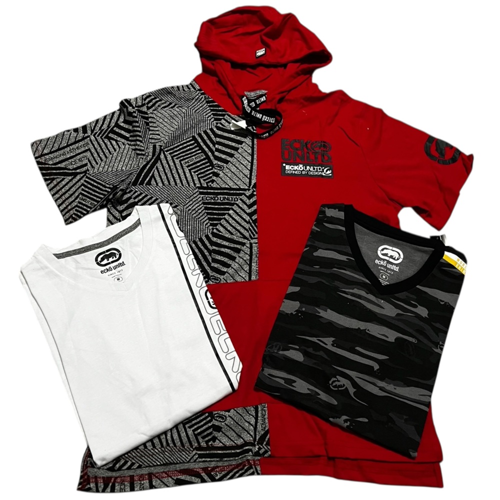 Ecko Unlimited men's 3 t-shirt bundle short sleeve hoodie shirt red gray‎ medium